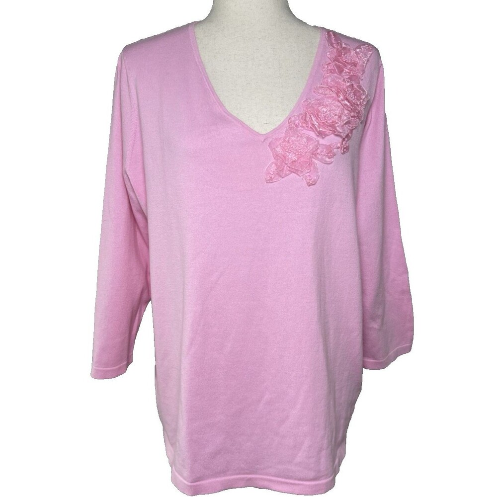 Jones New York NWT womens pink 3/4 sleeve v-neck top flower applique fairy $95